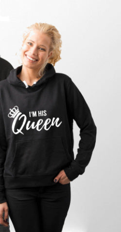 Couple Hooded Sweatshirt with Fleece Lining "I Am His King Queen"Gold Letter Creative Sweatshirt