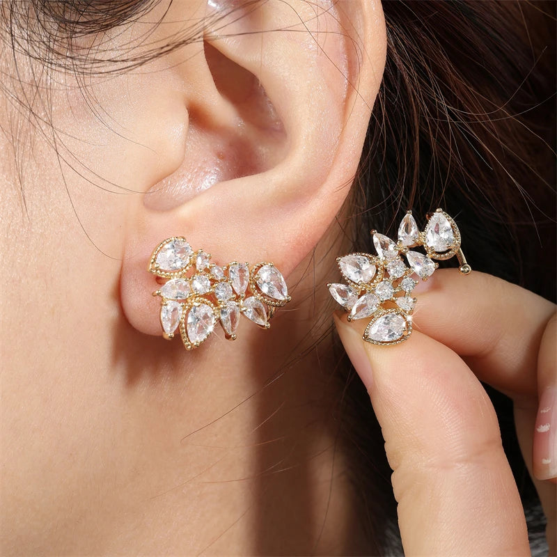 Fashion Cubic Zirconia Flower Stud Earring for Women CZ Shiny Crystal Bridal Earrings Charms Wedding Jewelry