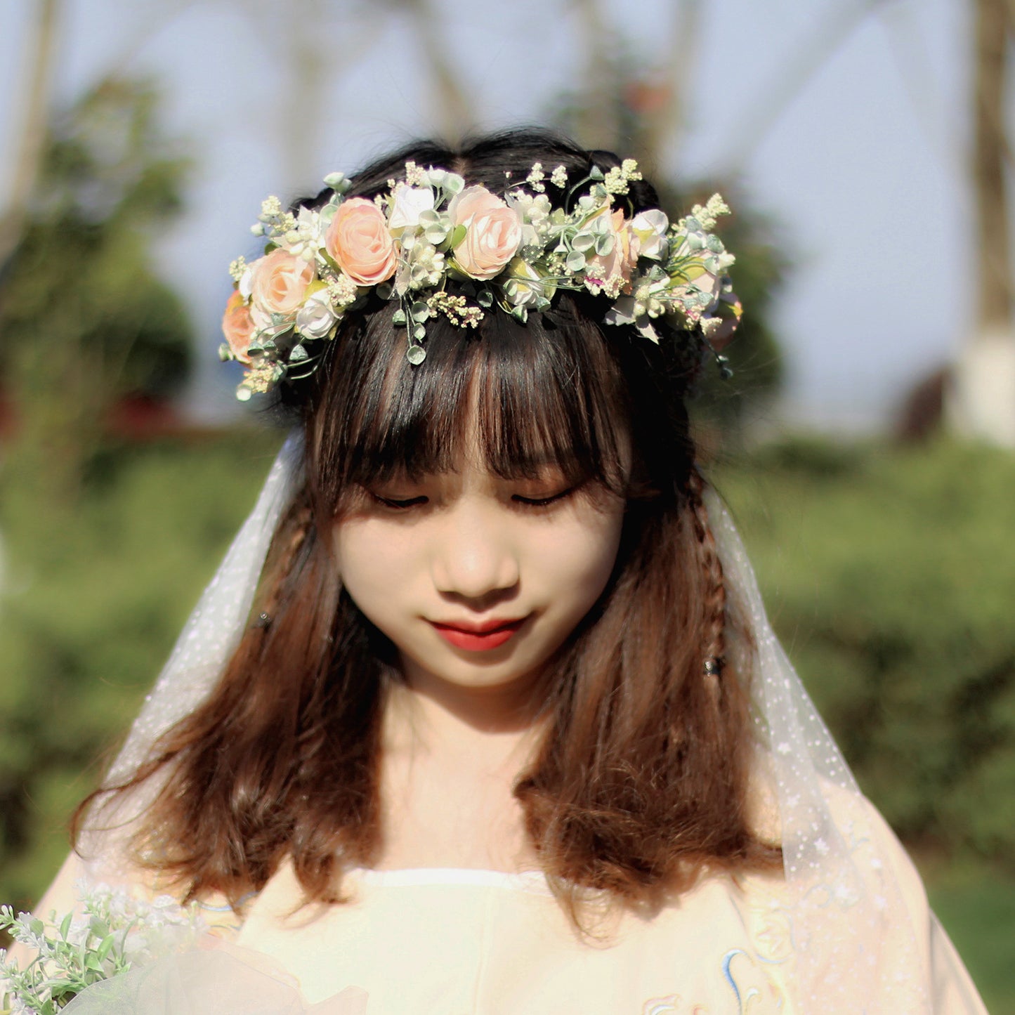 Sweet flower garland rose bud draped in gauze flower crown with exquisite handmade flowers bridal headwear