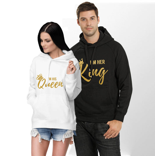 Couple Hooded Sweatshirt with Fleece Lining "I Am His King Queen&quotGold Letter Creative Sweatshirt