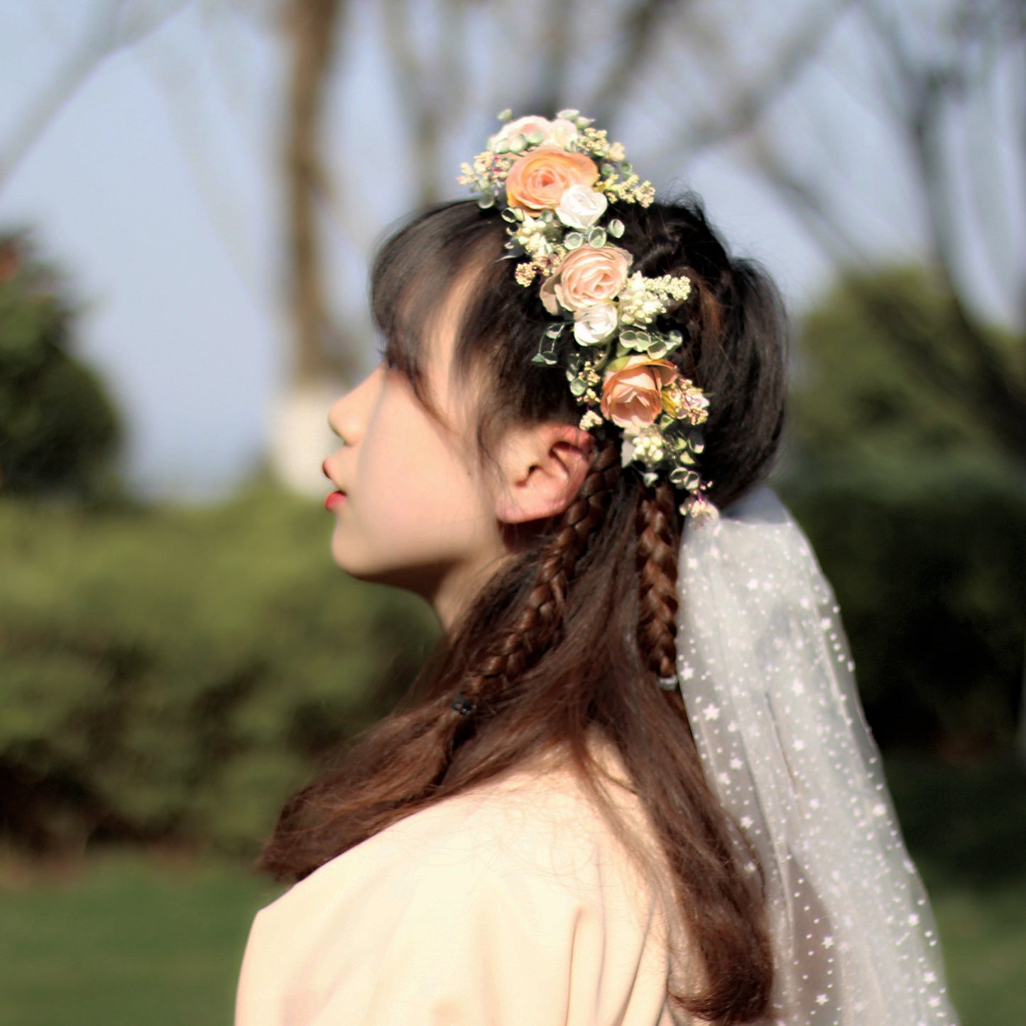 Sweet flower garland rose bud draped in gauze flower crown with exquisite handmade flowers bridal headwear