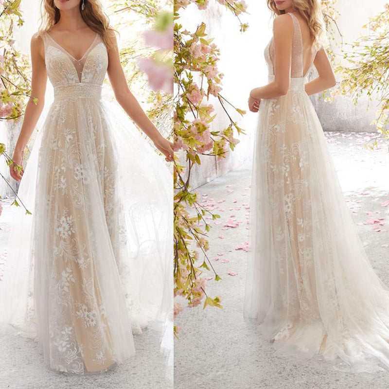 Elegant V-Neck Sleeveless Lace Wedding DressSexy Bridal Gown