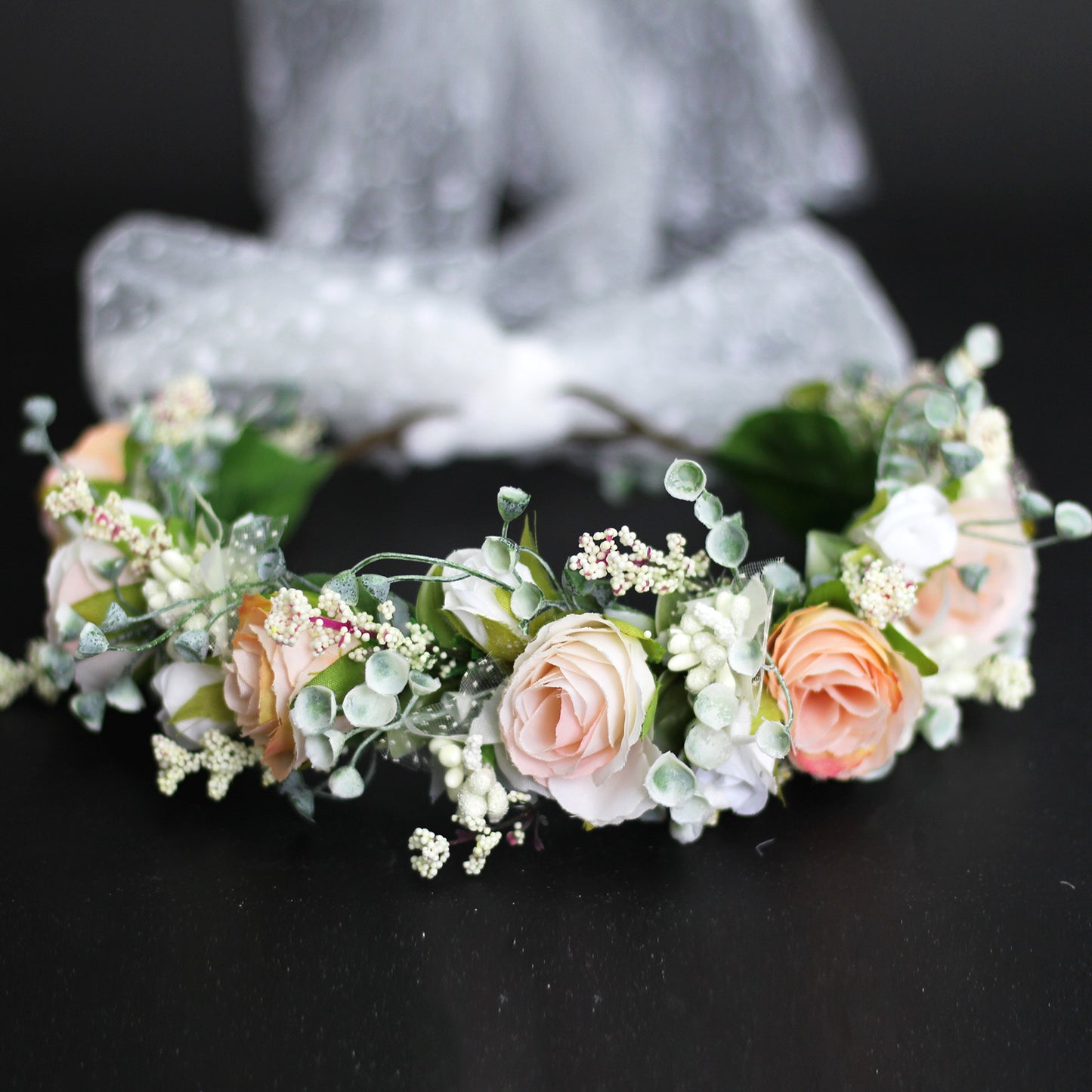 Sweet flower garland rose bud draped in gauze flower crown with exquisite handmade flowers bridal headwear