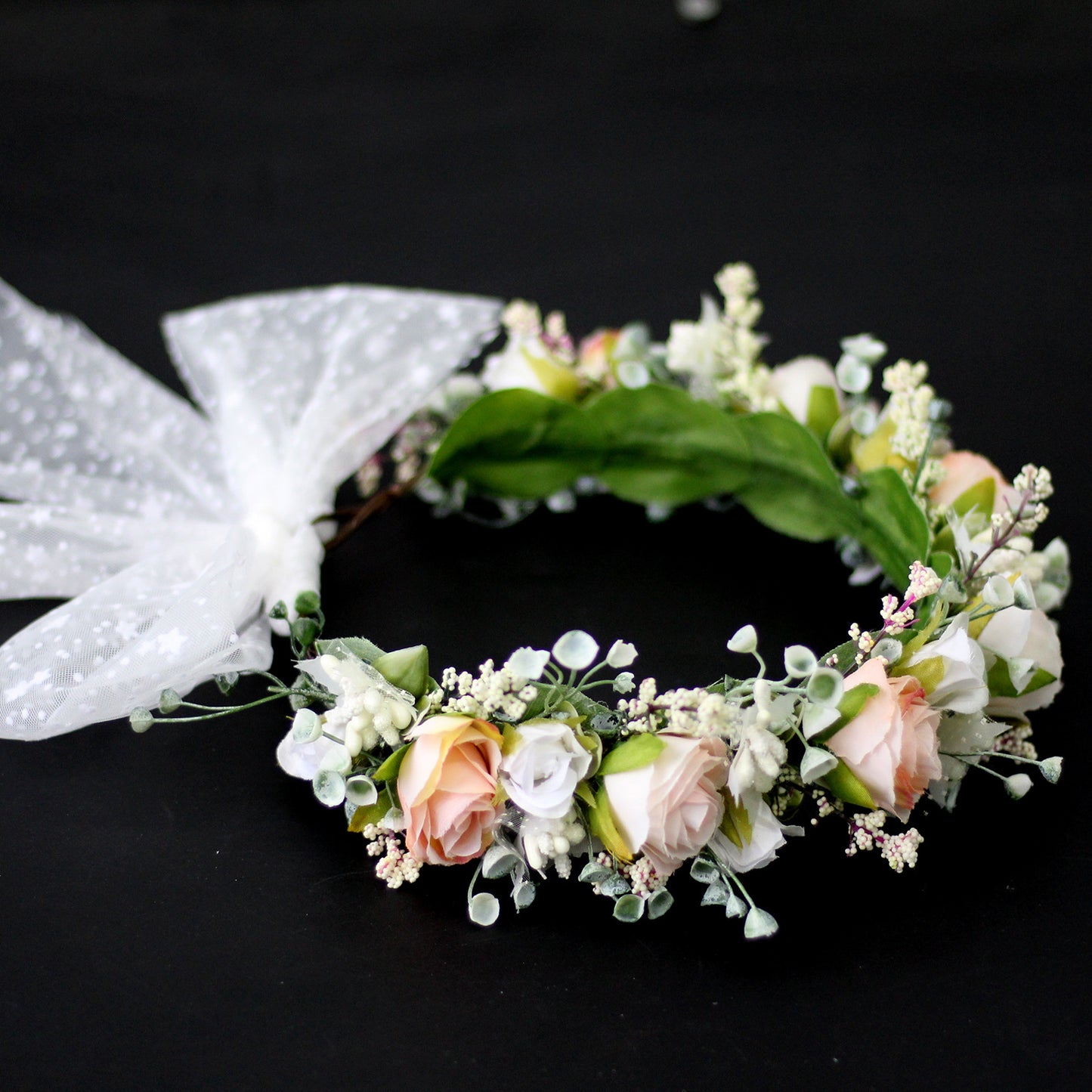 Sweet flower garland rose bud draped in gauze flower crown with exquisite handmade flowers bridal headwear