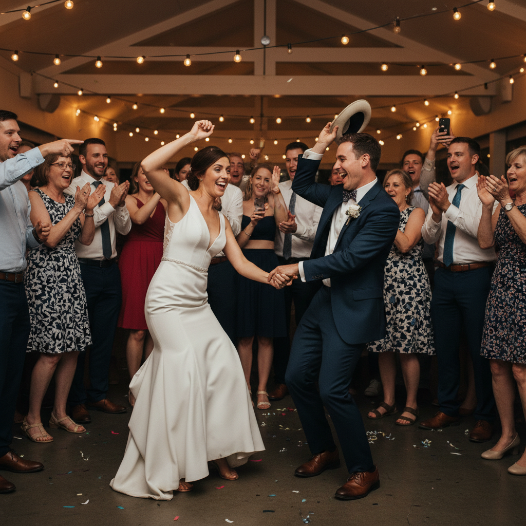 Couple doing silly dance at wedding