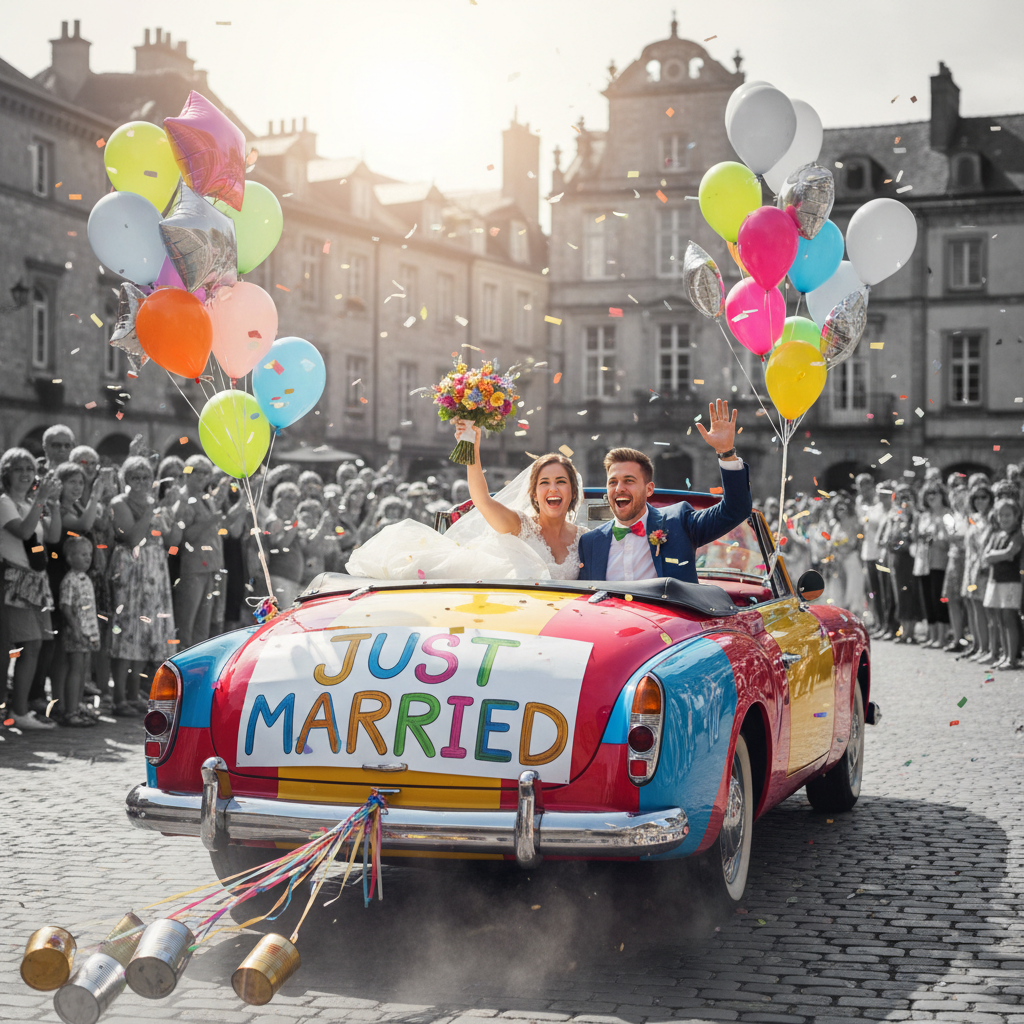 Just Married getaway car colorful with black and white background