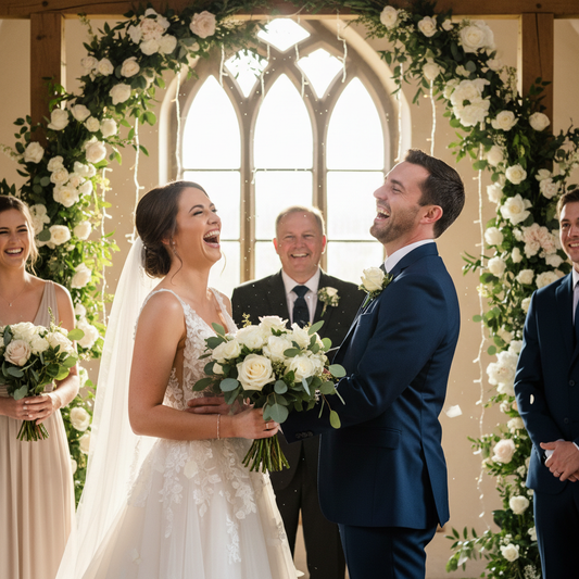 Bride and groom laughing at the altar