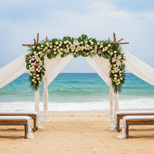 Beach wedding altar with blue ocean waves