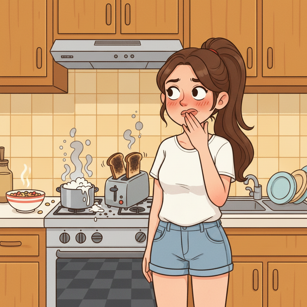 Cute girl next door with kitchen accident
